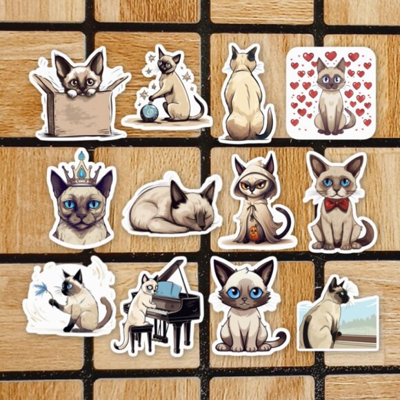 Siamese Sticker Pack of 12 Vinyl Stickers - Waterproof Die Cut Sticker Set Cats - Picture 1 of 4